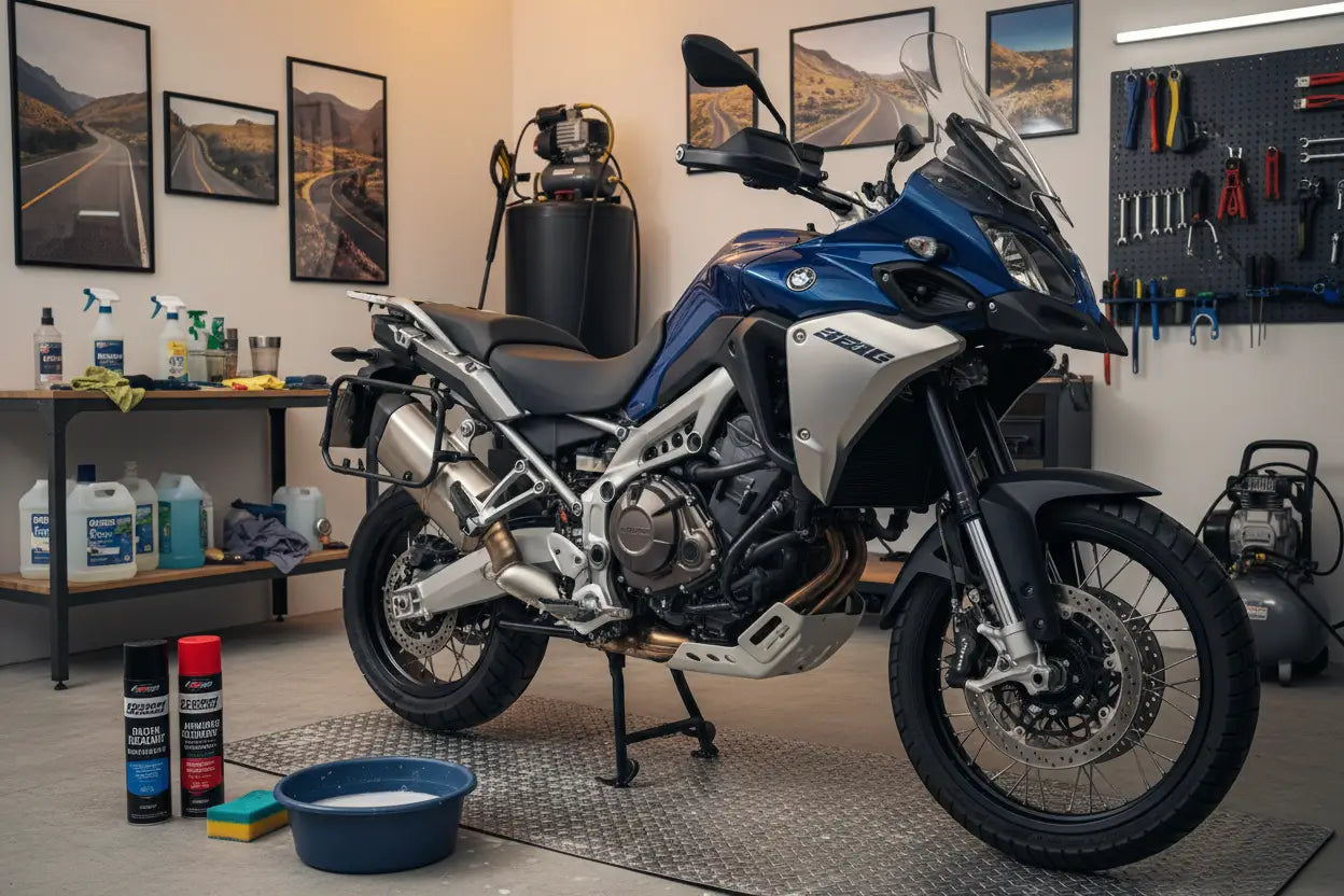 Blaue BMW Adventure-Tourer mit Silber, Chrom und Windschutzscheibe