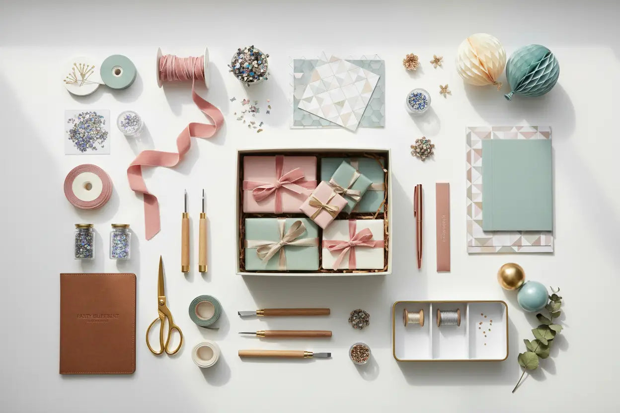 Rechteckige Geschenkschachtel mit mattem Finish, enthält vier Pastell-Päckchen mit pink-beigen Bändern für Party-Organizer und DIY-Fans.