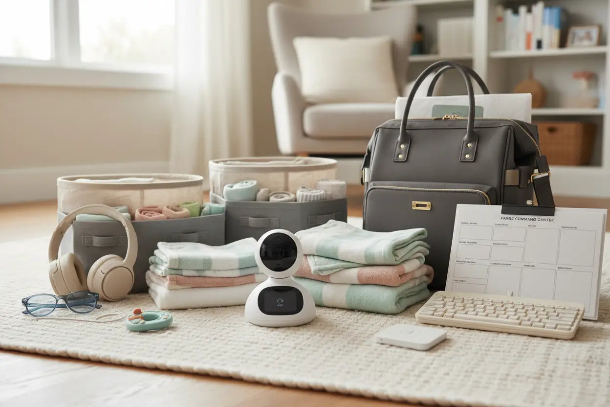 Weiße sphärische Babyphone mit schwarzer Linse und runder Basis für werdende Eltern