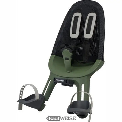 Dunkelgrüner und schwarzer Kinderfahrradsitz mit Sicherheitsgurt und Fußstützen