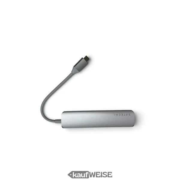 Silberner metallischer satechi v2 slim usb-c multiport adapter mit matter oberfläche und minimalistischem design