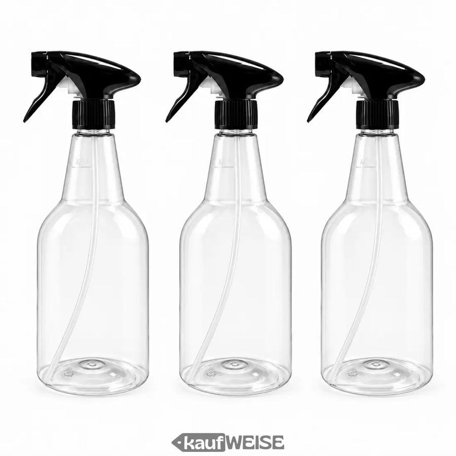 Drei transparente sprühflaschen 750 ml mit schwarzem on off sprühkopf aus plastik zum nachfüllen