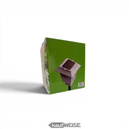 Graue solarbetriebene wegeleuchte vulpes goods vg-br01 vogelvertreiber ultraschall mit quadratischem, leicht geneigtem gehäuse und dunklem braunem solarpanel oben