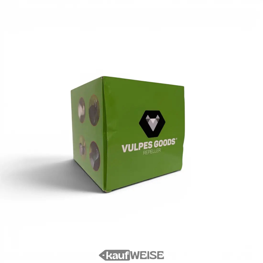 Grüne kartonverpackung vom vulpes goods vg-br01 vogelvertreiber ultraschall mit schwarzem wolf logo und weißem text